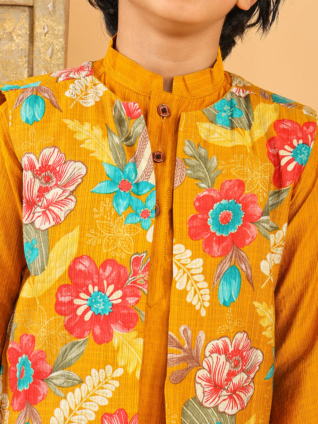 Yellow Plain Kurta with Floral Jacket & Pajama