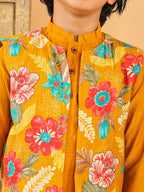 Yellow Plain Kurta with Floral Jacket & Pajama