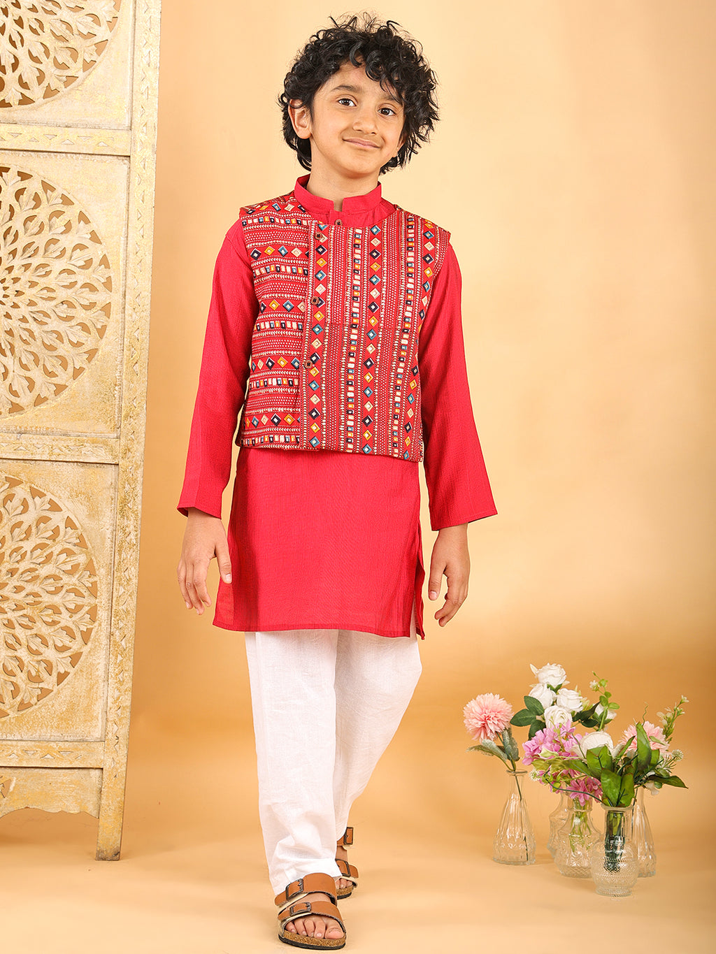 Red Plain Kurta with Red Multicolour Jacket & Pajama