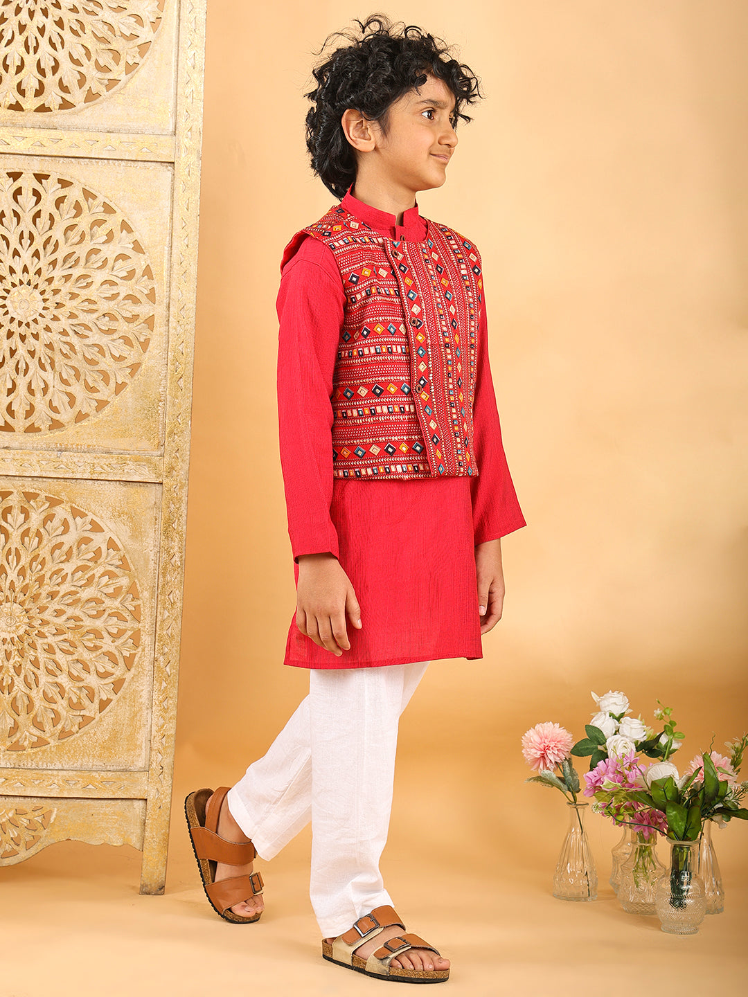 Red Plain Kurta with Red Multicolour Jacket & Pajama