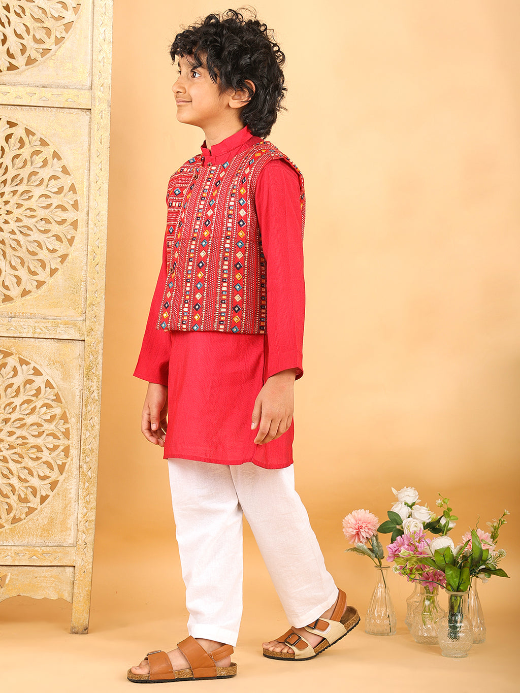 Red Plain Kurta with Red Multicolour Jacket & Pajama