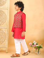 Red Plain Kurta with Red Multicolour Jacket & Pajama