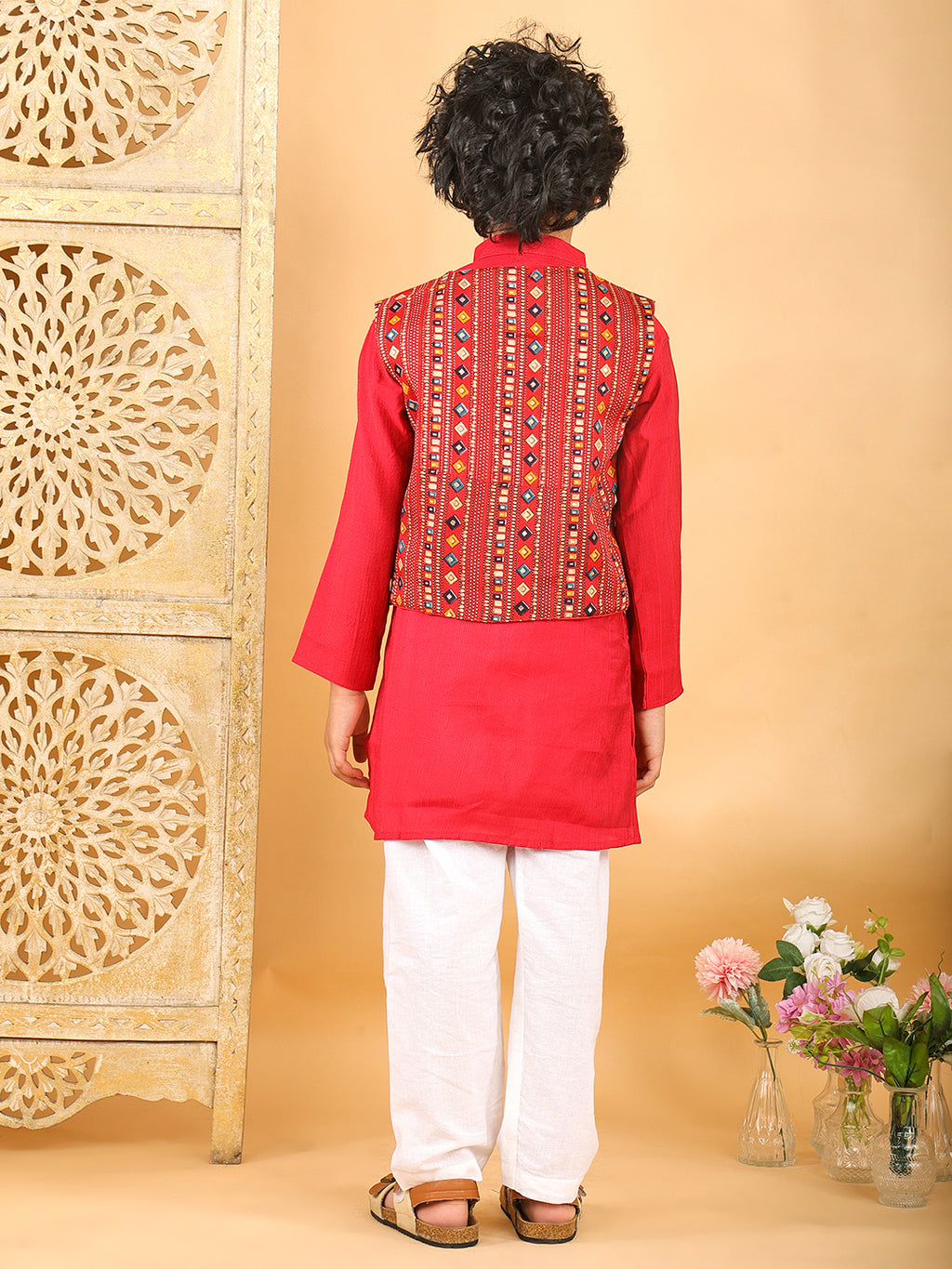 Red Plain Kurta with Red Multicolour Jacket & Pajama