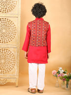Red Plain Kurta with Red Multicolour Jacket & Pajama