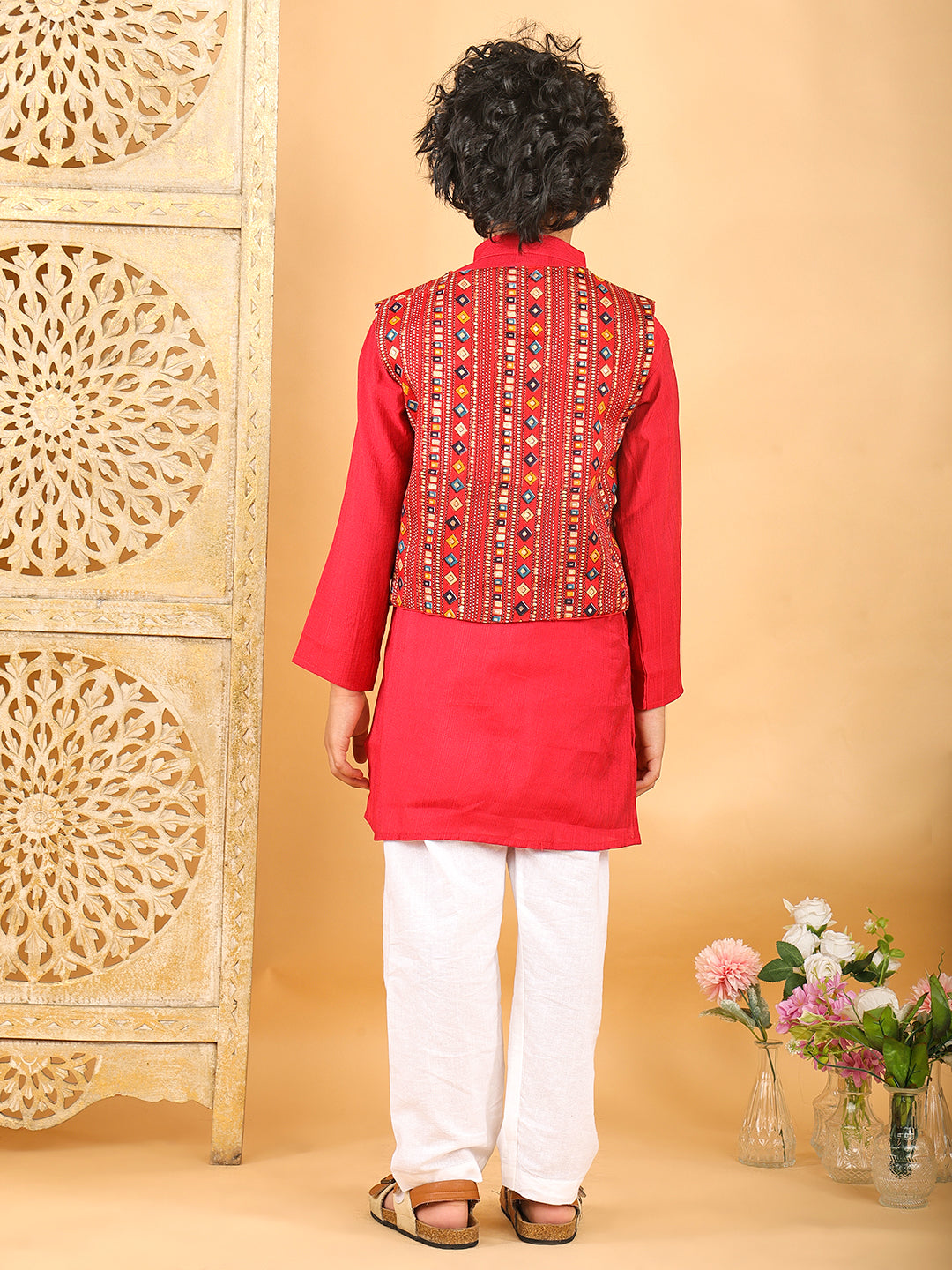 Red Plain Kurta with Red Multicolour Jacket & Pajama