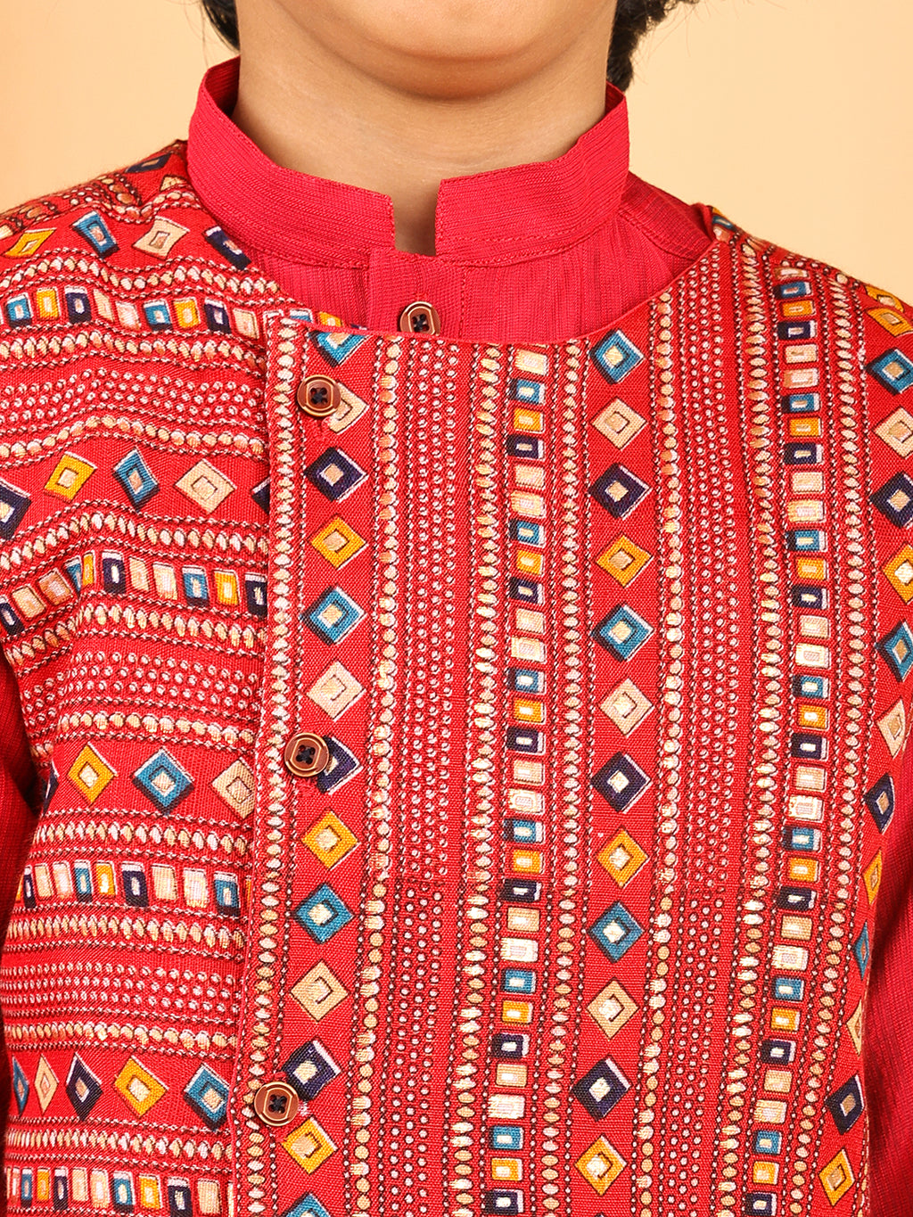 Red Plain Kurta with Red Multicolour Jacket & Pajama