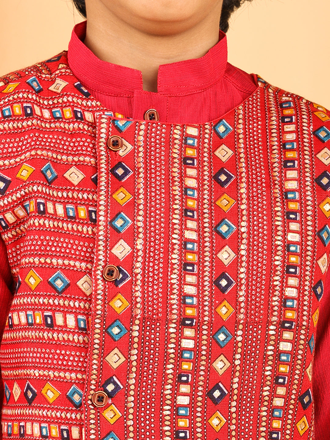 Red Plain Kurta with Red Multicolour Jacket & Pajama