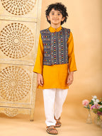 Yellow Plain Kurta with Blue Multicolour Jacket & Pajama