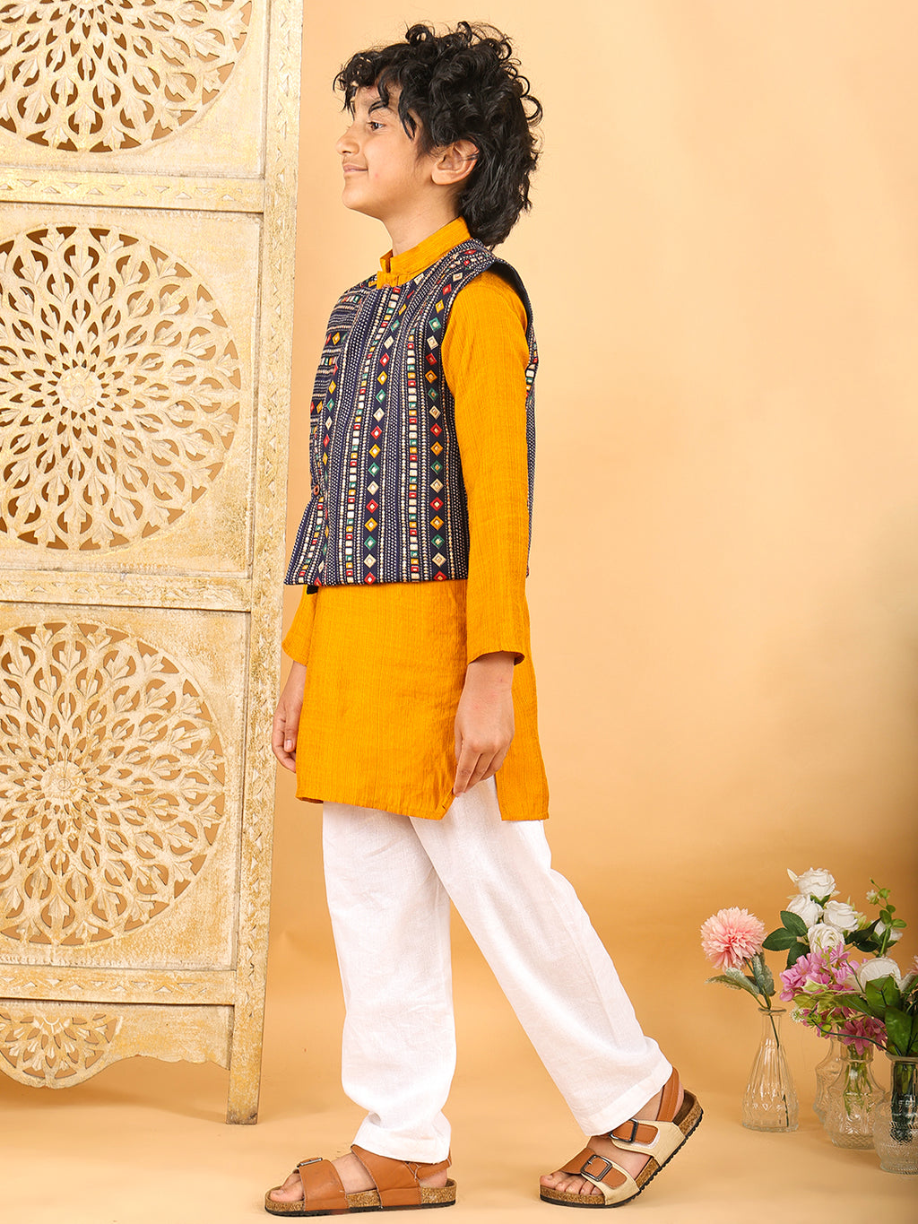 Yellow Plain Kurta with Blue Multicolour Jacket & Pajama