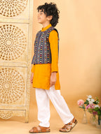 Yellow Plain Kurta with Blue Multicolour Jacket & Pajama