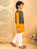 Yellow Plain Kurta with Blue Multicolour Jacket & Pajama