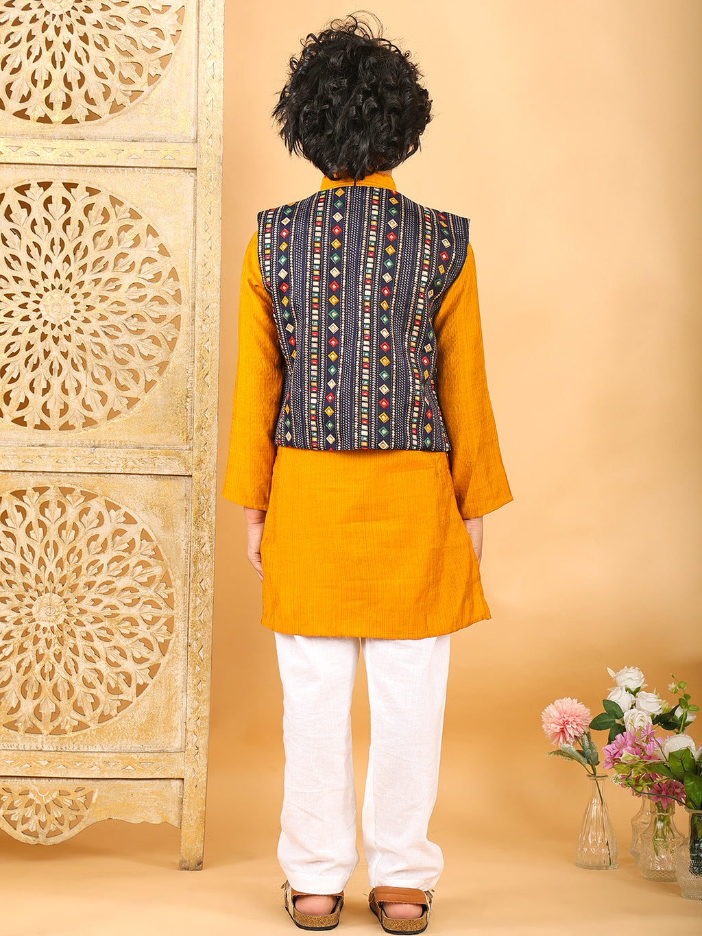 Yellow Plain Kurta with Blue Multicolour Jacket & Pajama