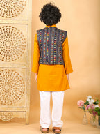 Yellow Plain Kurta with Blue Multicolour Jacket & Pajama