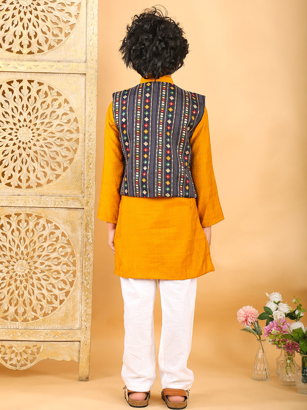 Yellow Plain Kurta with Blue Multicolour Jacket & Pajama