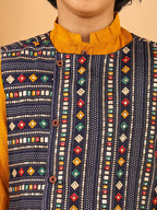Yellow Plain Kurta with Blue Multicolour Jacket & Pajama