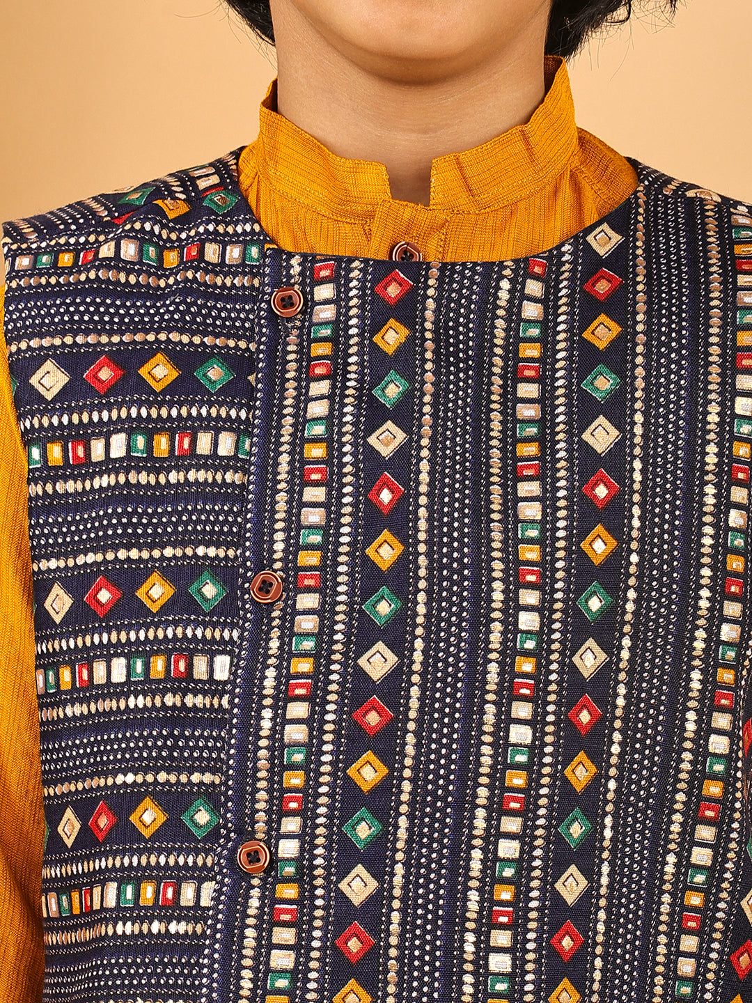 Yellow Plain Kurta with Blue Multicolour Jacket & Pajama