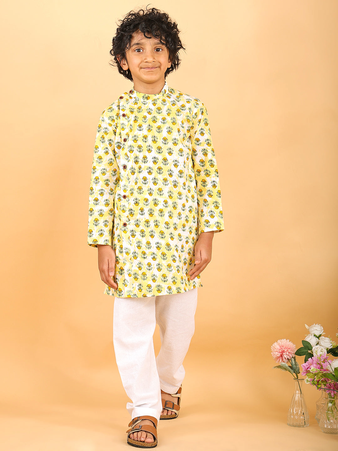 Yellow Floral Print Kurta with Pajama