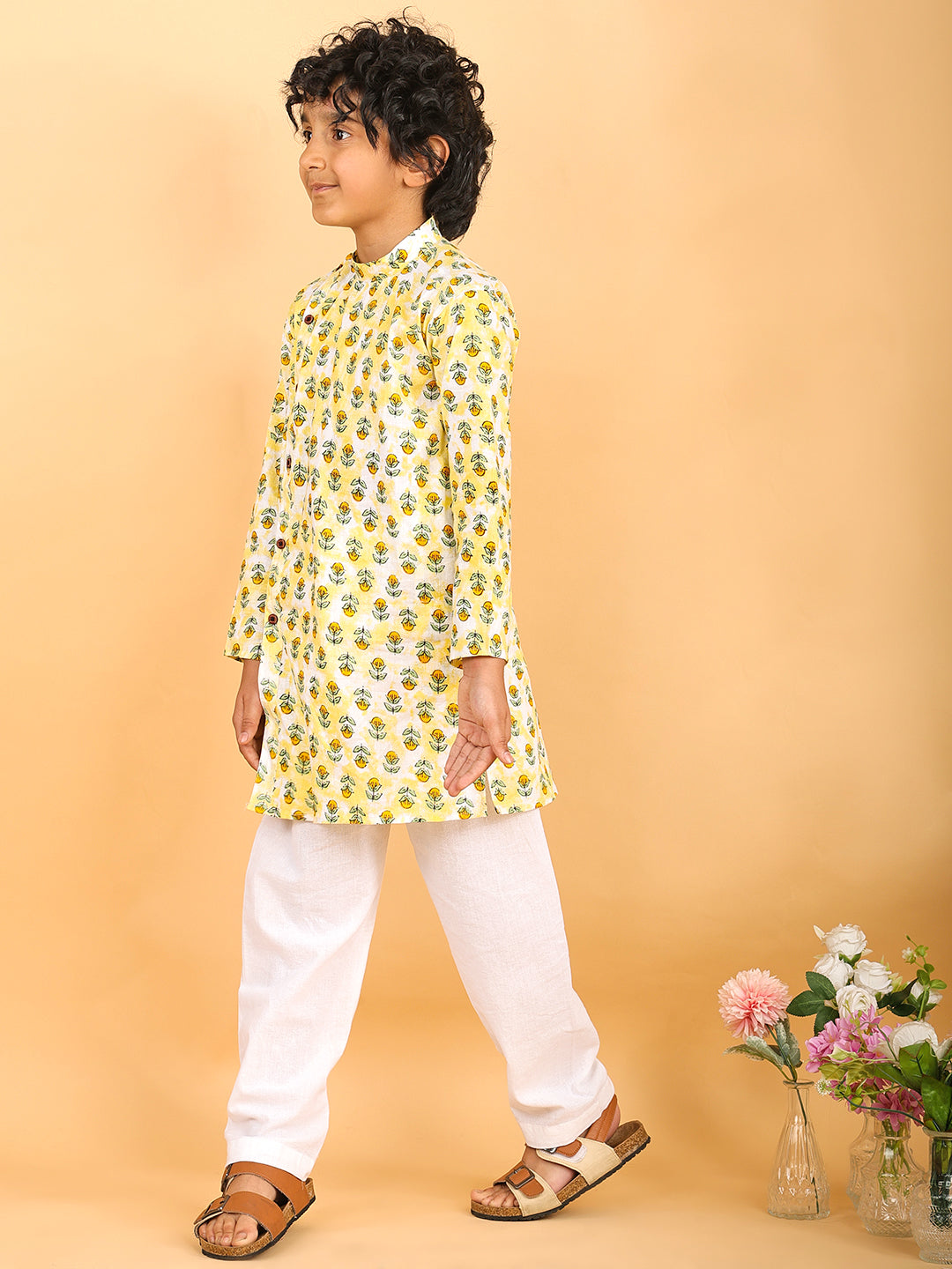 Yellow Floral Print Kurta with Pajama