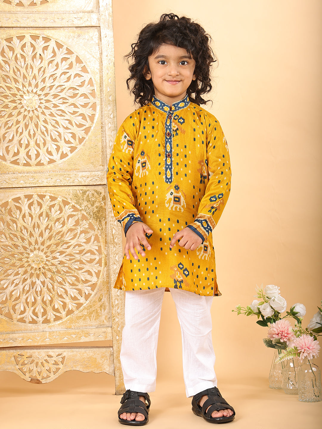 Yellow Boys Cotton Patola Print Kurta with Pajama