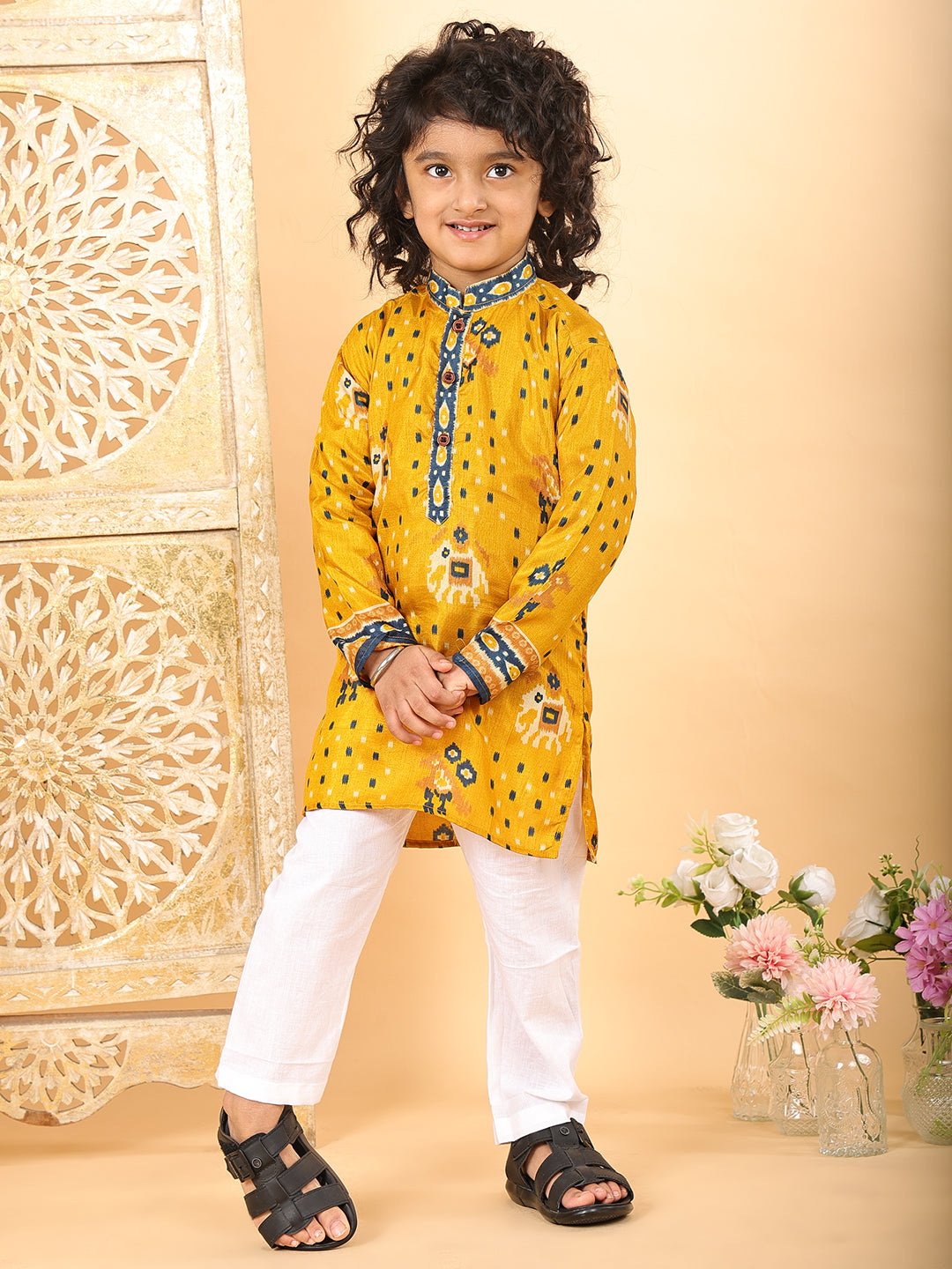 Yellow Boys Cotton Patola Print Kurta with Pajama