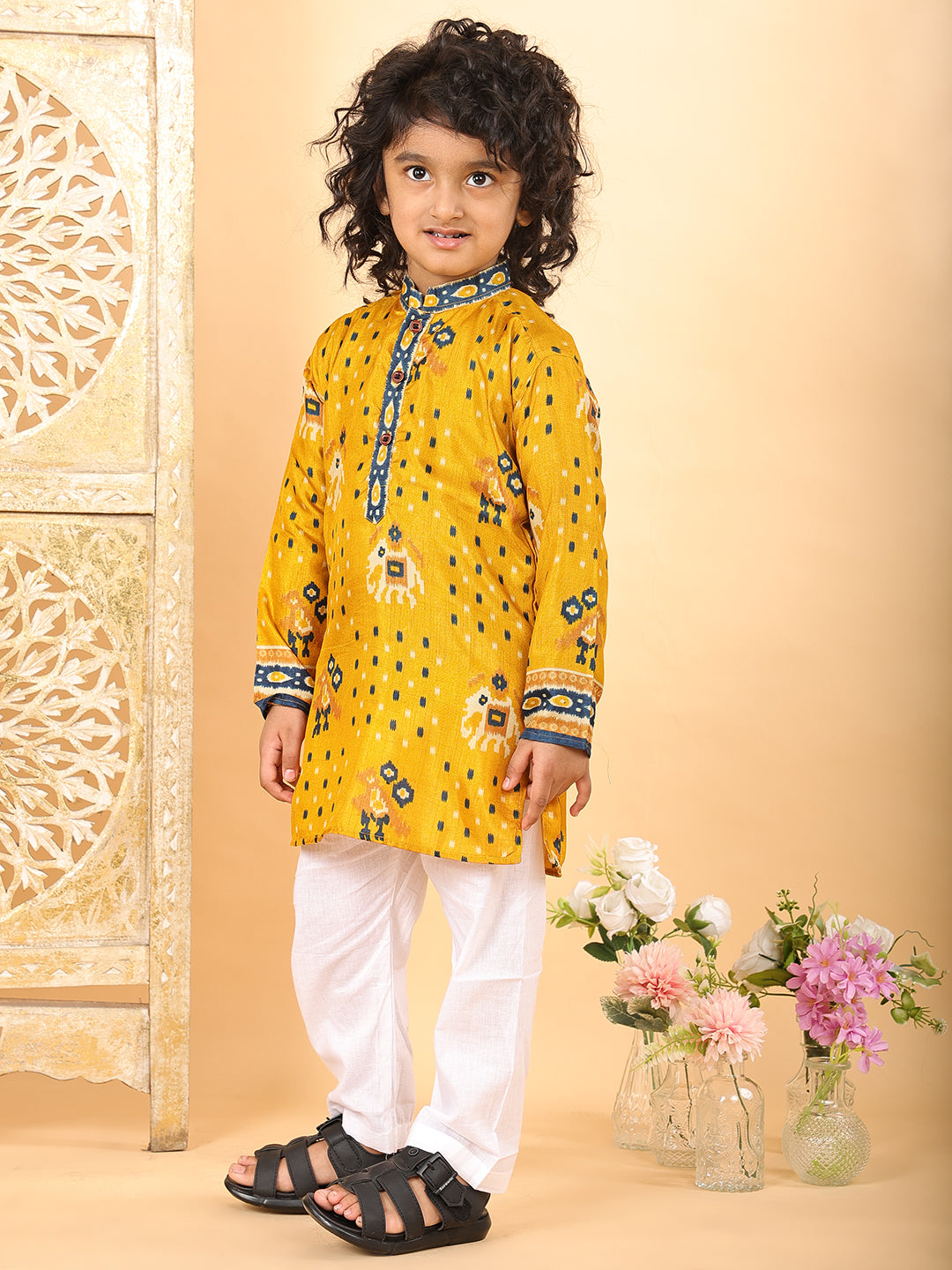 Yellow Boys Cotton Patola Print Kurta with Pajama