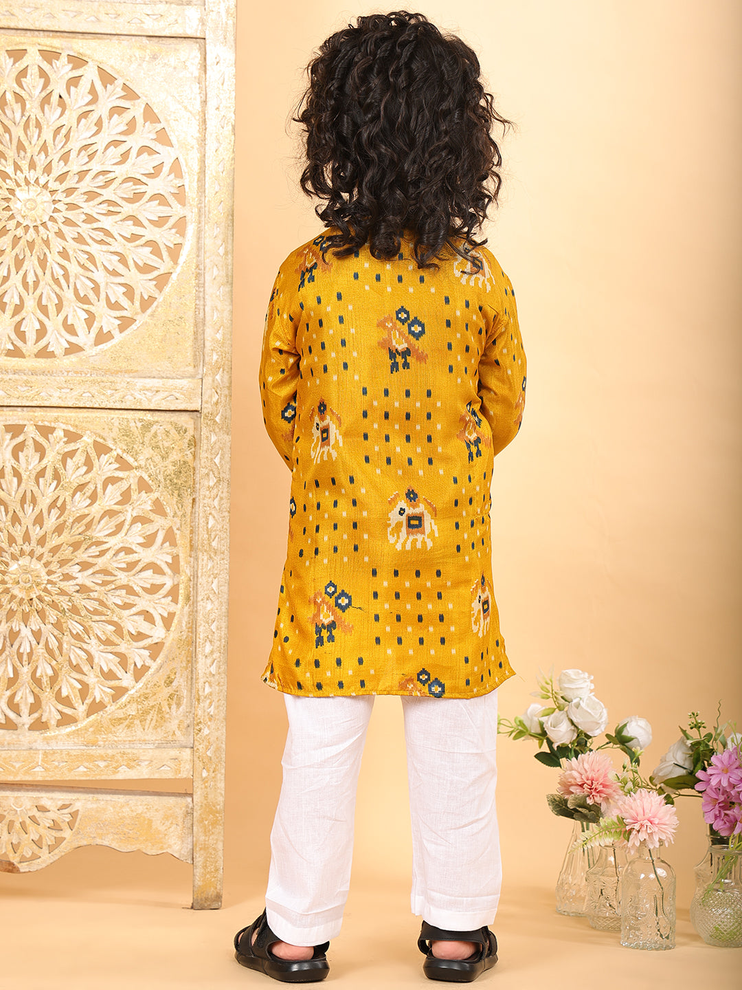 Yellow Boys Cotton Patola Print Kurta with Pajama