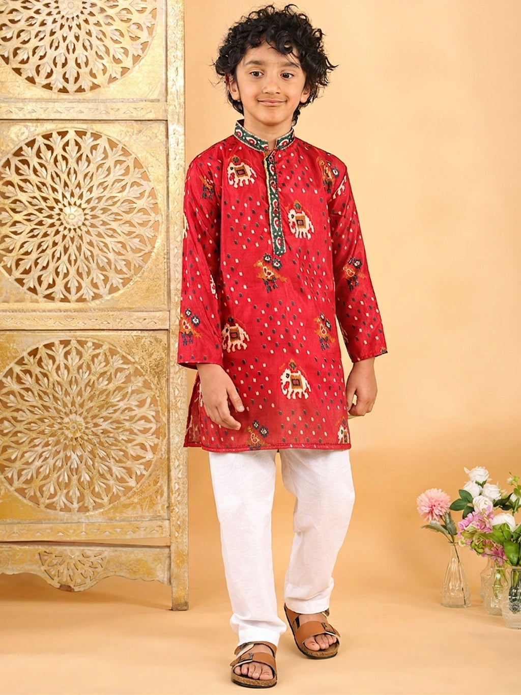 Red Boys Cotton Patola Print Kurta with Pajama