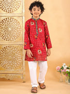 Red Boys Cotton Patola Print Kurta with Pajama