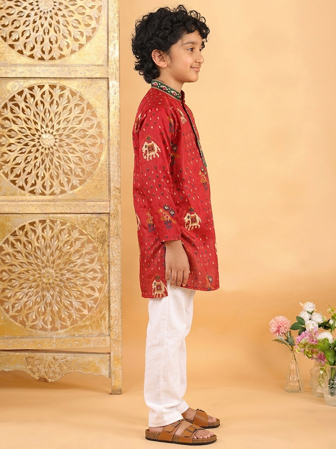 Red Boys Cotton Patola Print Kurta with Pajama