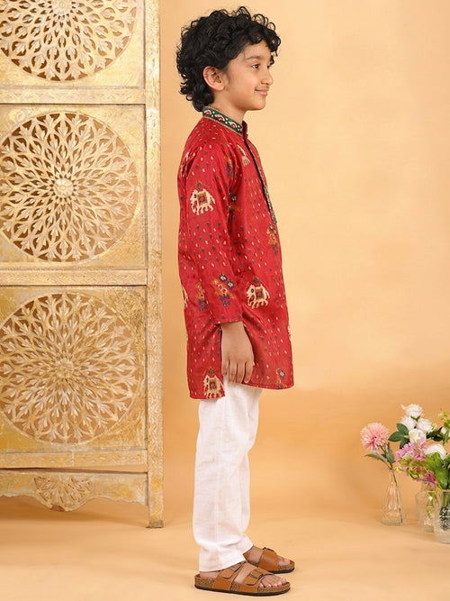 Red Boys Cotton Patola Print Kurta with Pajama