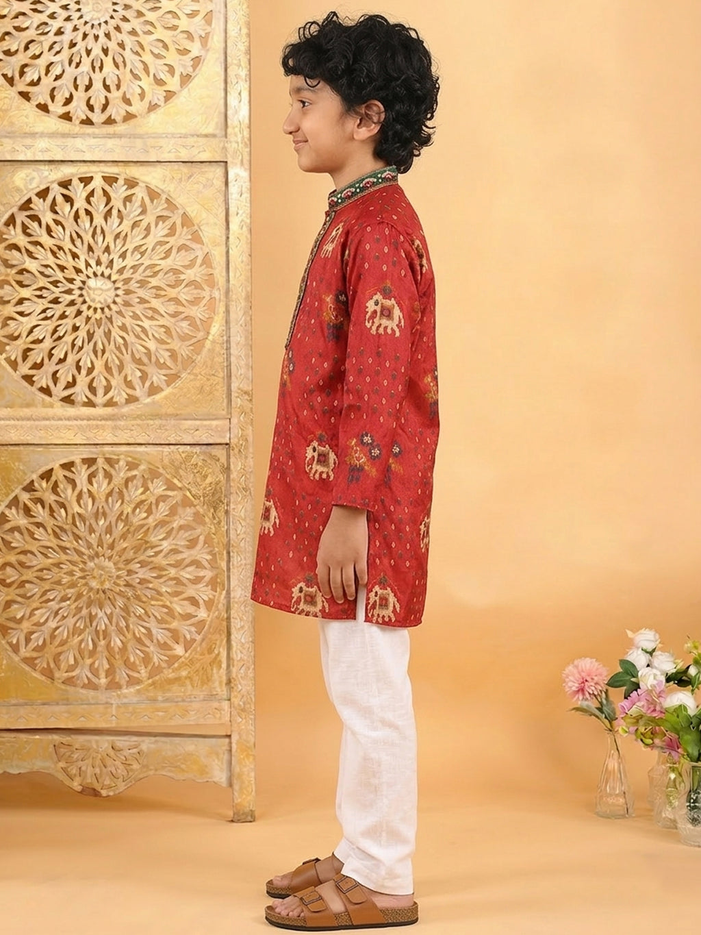 Red Boys Cotton Patola Print Kurta with Pajama