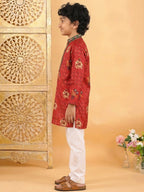 Red Boys Cotton Patola Print Kurta with Pajama
