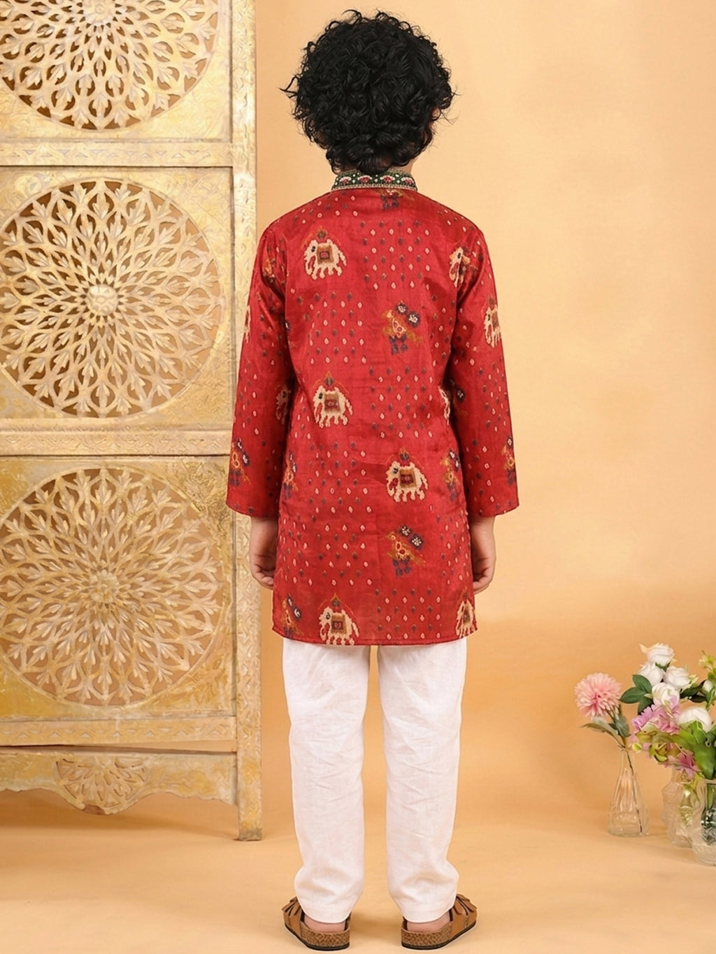 Red Boys Cotton Patola Print Kurta with Pajama
