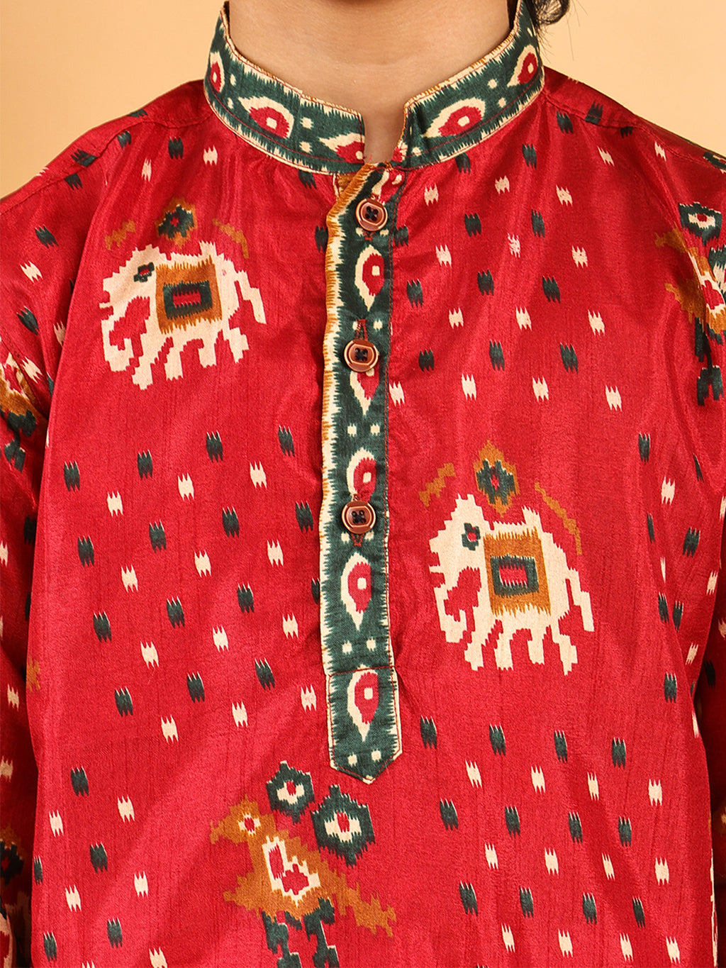 Red Boys Cotton Patola Print Kurta with Pajama