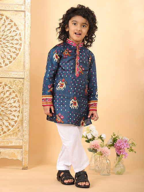 Blue Boys Cotton Patola Print Kurta with Pajama