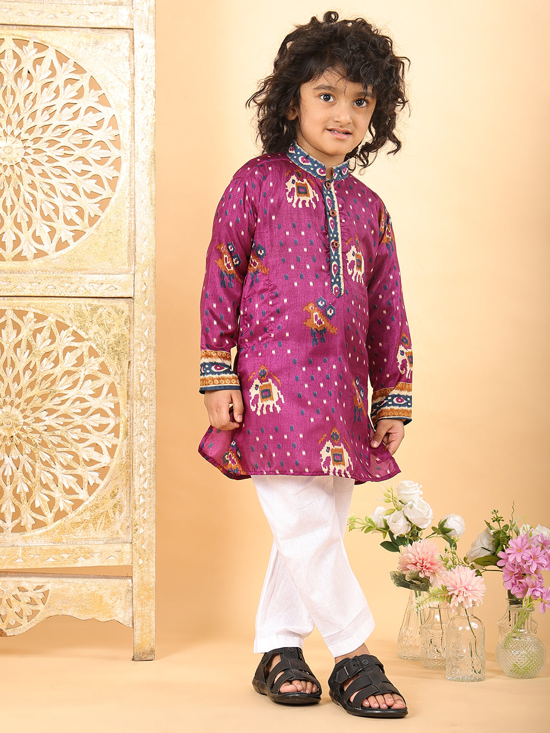 Purple Boys Cotton Patola Print Kurta with Pajama