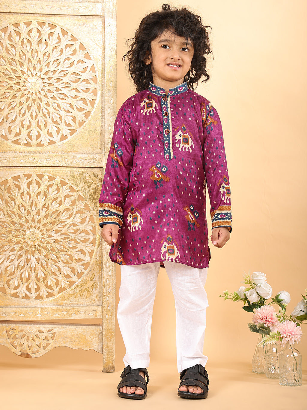 Purple Boys Cotton Patola Print Kurta with Pajama