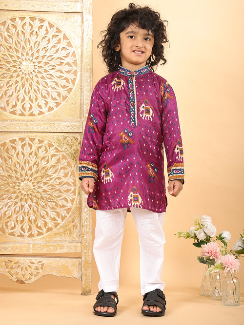 Purple Boys Cotton Patola Print Kurta with Pajama