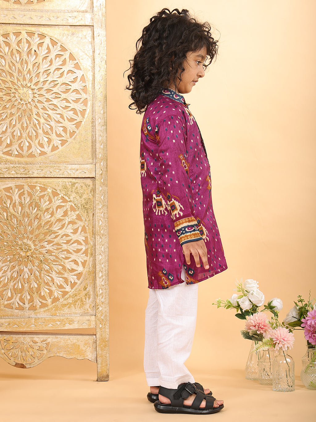 Purple Boys Cotton Patola Print Kurta with Pajama