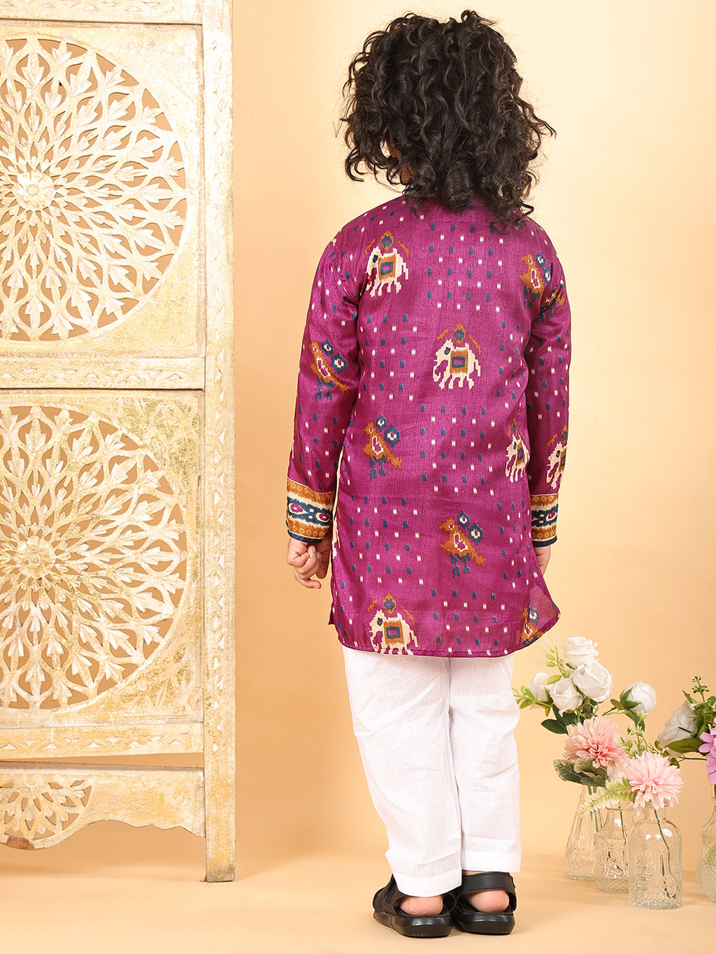 Purple Boys Cotton Patola Print Kurta with Pajama