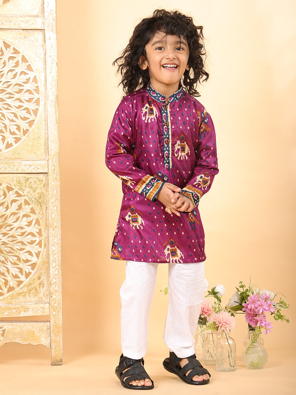Purple Boys Cotton Patola Print Kurta with Pajama