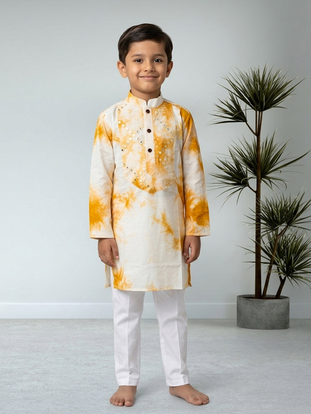 Yellow Boys Cotton Shibori Print Kurta with Pajama