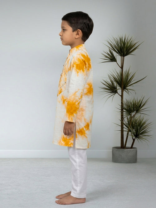 Yellow Boys Cotton Shibori Print Kurta with Pajama