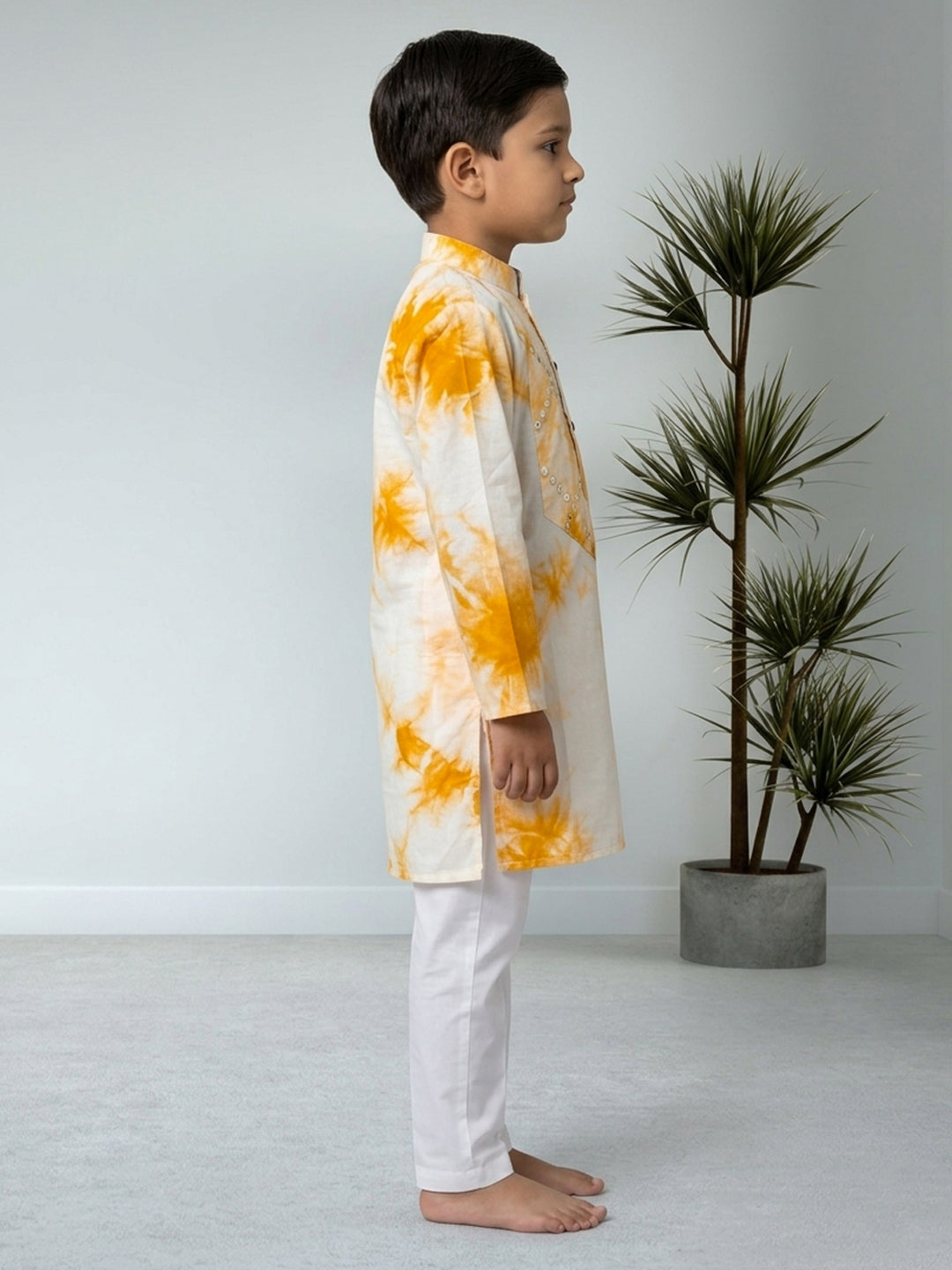 Yellow Boys Cotton Shibori Print Kurta with Pajama