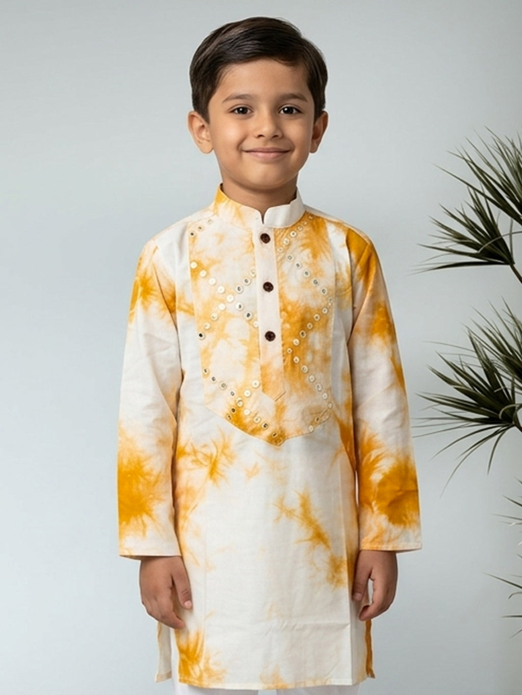 Yellow Boys Cotton Shibori Print Kurta with Pajama
