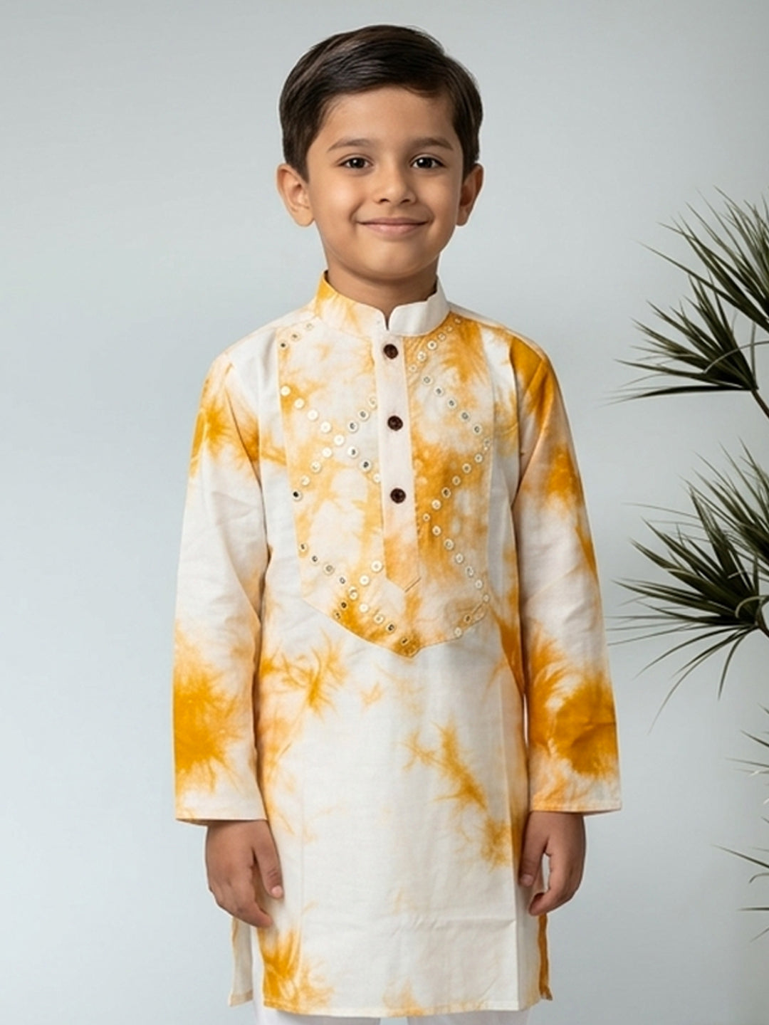 Yellow Boys Cotton Shibori Print Kurta with Pajama