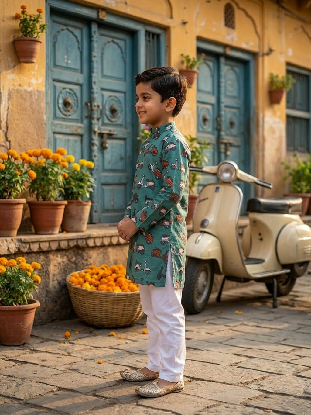 Green scooter Printed Cotton Kurta with pajama