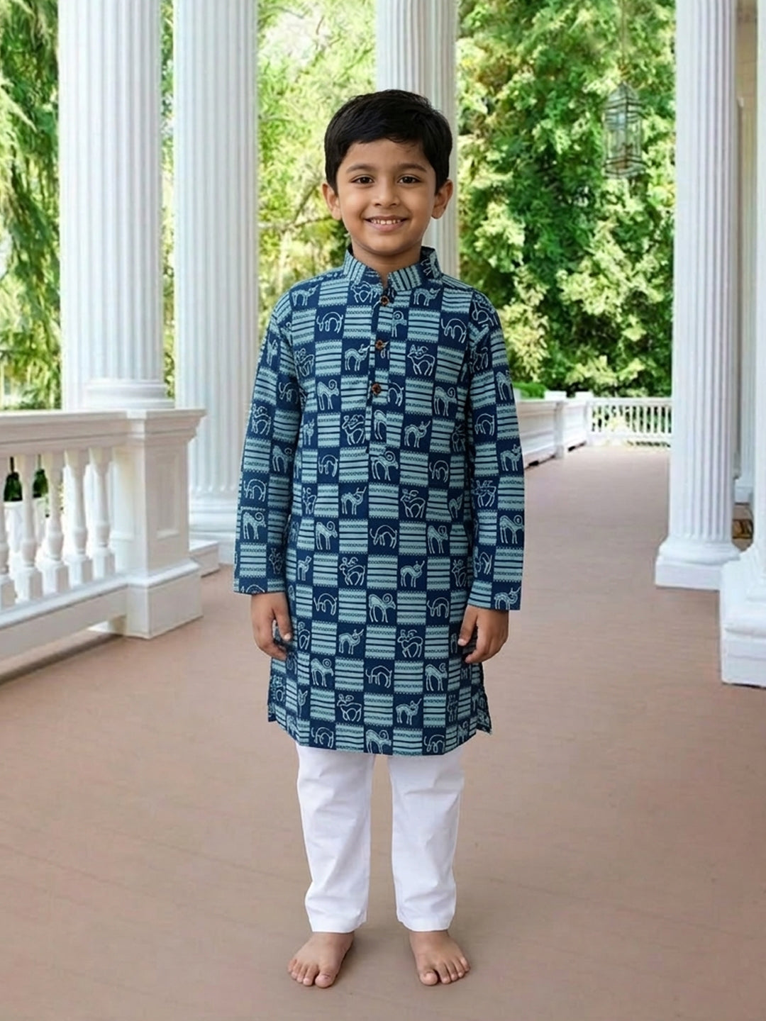 Blue Indigo Printed Cotton Kurta with pajama