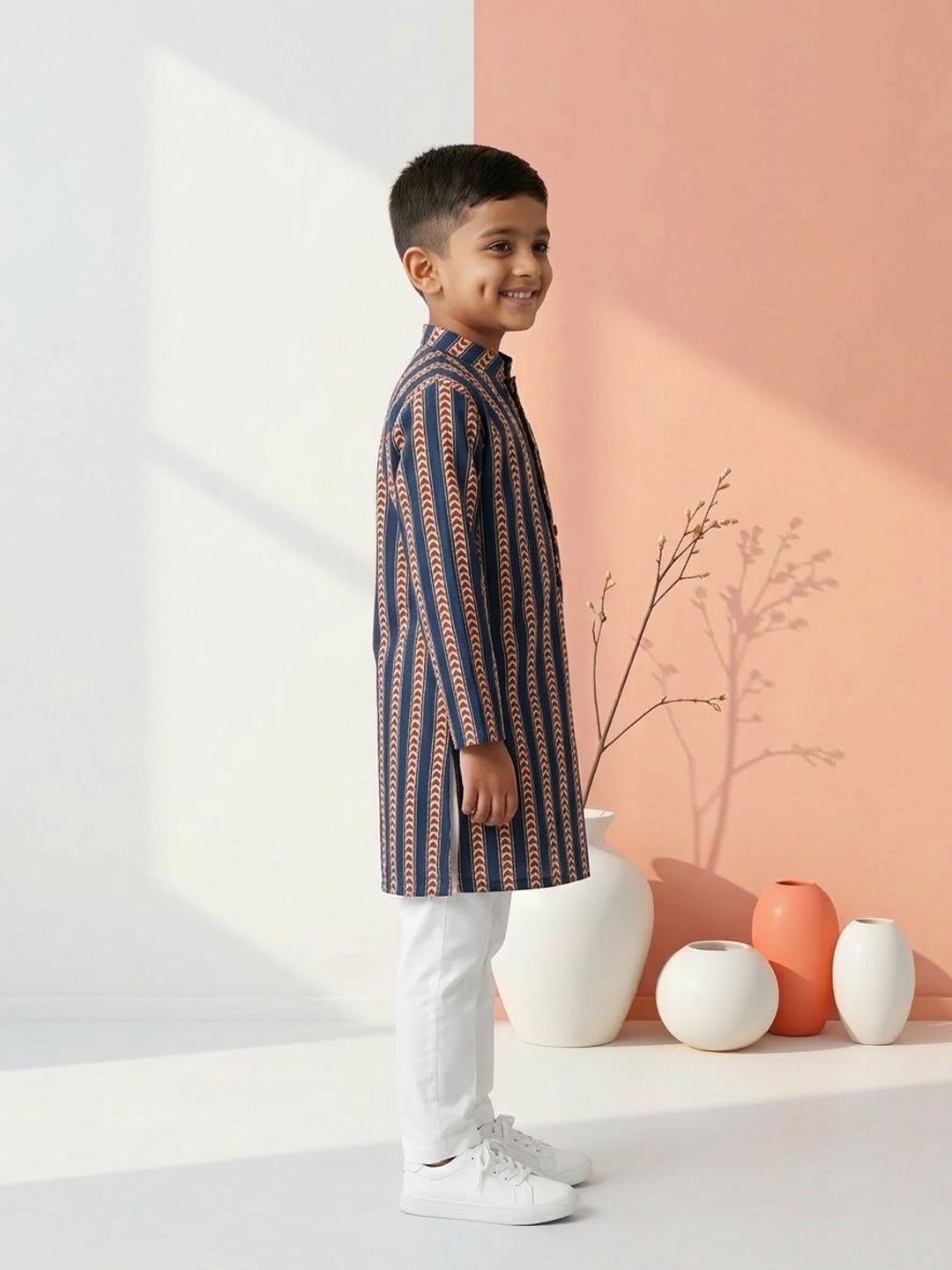 Blue Stripped Printed Cotton Kurta with pajama