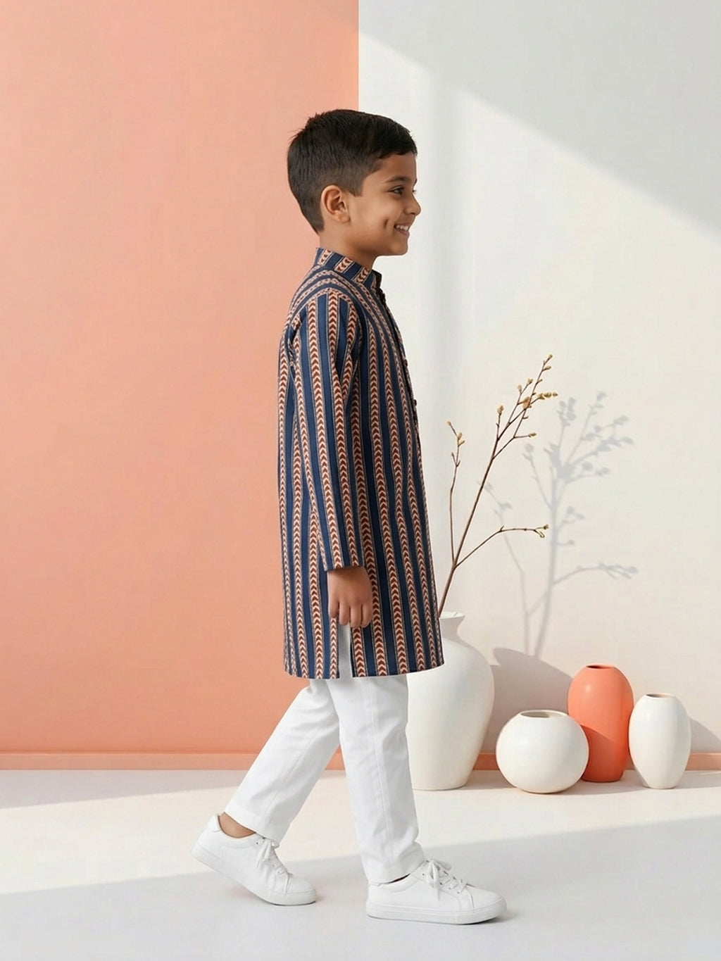 Blue Stripped Printed Cotton Kurta with pajama
